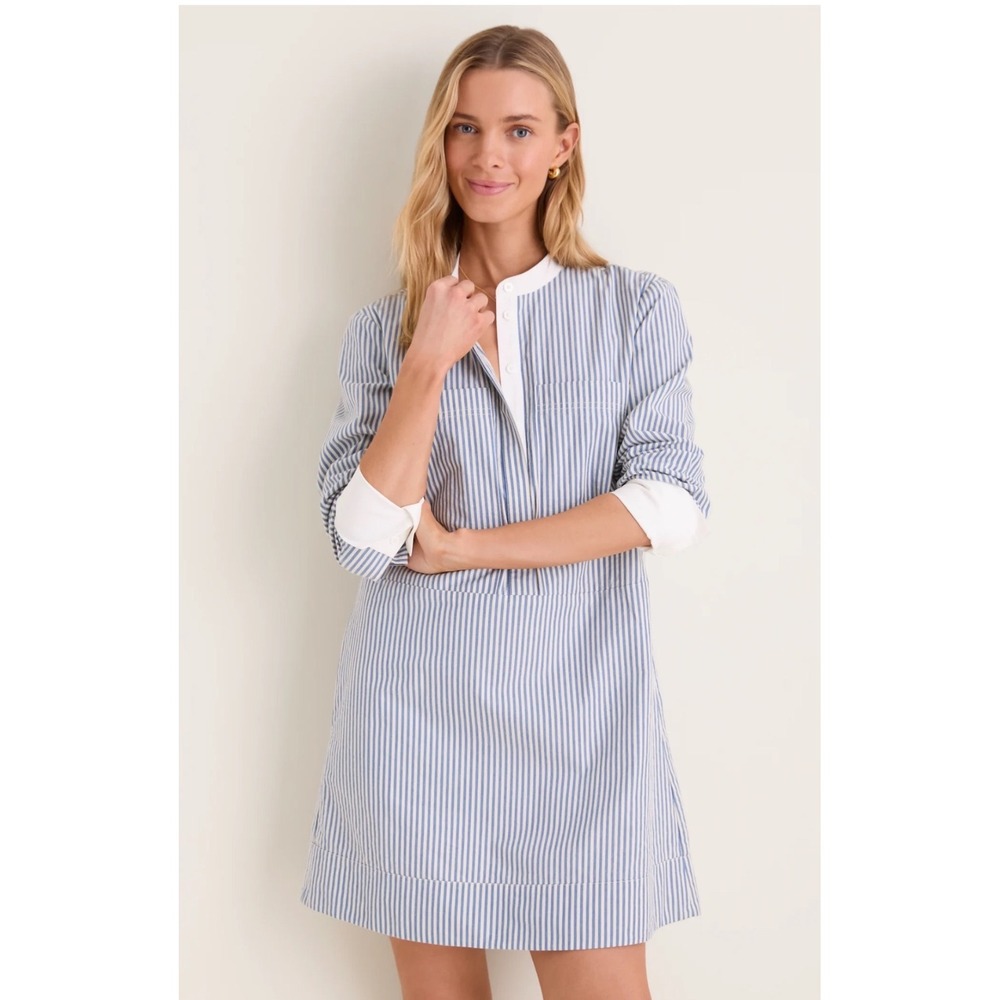 Tuckernuck Blue Stripe Seersucker Rohan Shirt Dress Band Collar Mini Shift L